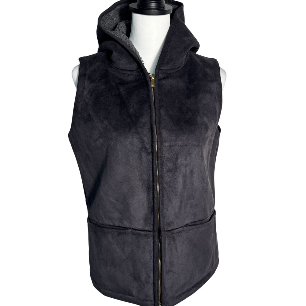 LAUREN RALPH LAUREN Women Small Black Faux Suede Sherpa Lined Zipper Hooded Vest